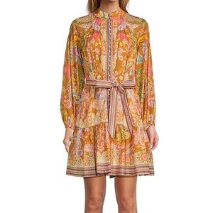 Brynn Printed Cotton Voile Mock Neck Long Sleeve Drop Waist Dress Size 4